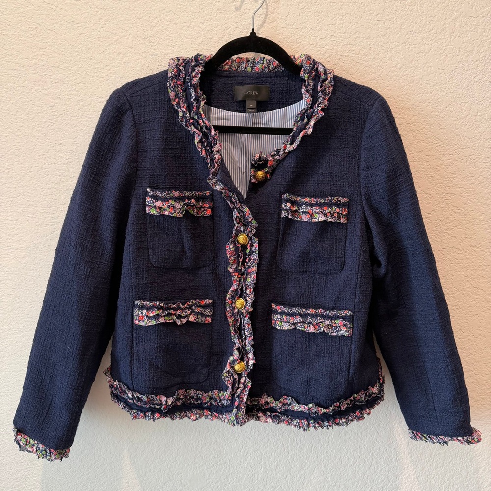 J.Crew Navy Blue Tweed Blazer Floral Ruffle Trim Gold Button Lady Jacket 14
